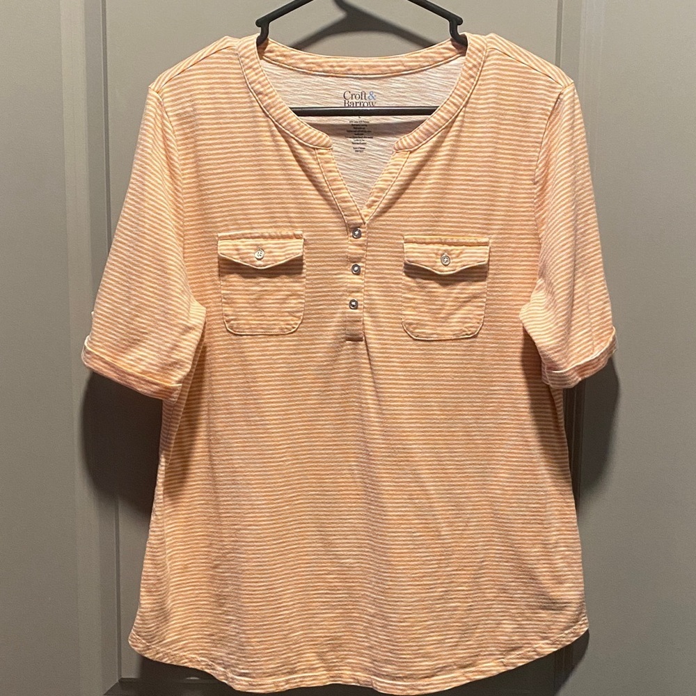 Coral Striped Pocket Tee L Button Front Top